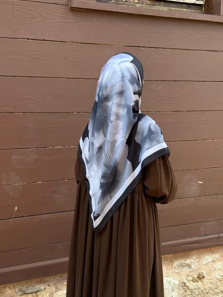 Pamuklu Flora Desen Eşarp-Siyah/Antrasit