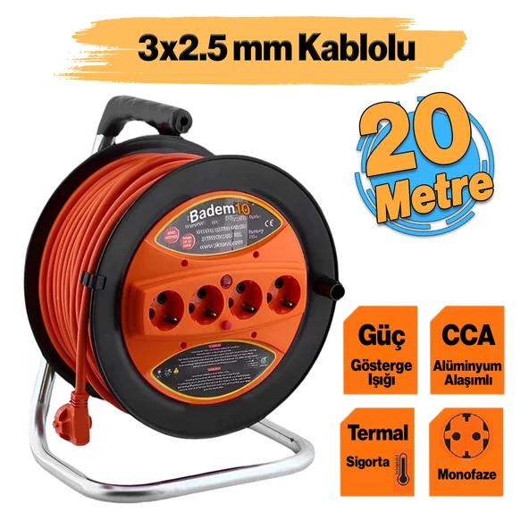 Plastik Makaralı Seyyar CCA Kablo 4 Prizli Uzatma Kablosu 3x2.5 mm 20 Metre Alüminyum Alaşım Kablosu