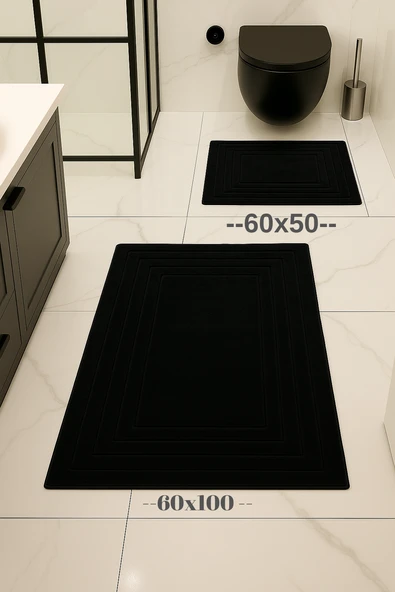 %100 Pamuk Dokuma, Su Emici, Banyo Paspas Seti, Banyo Halısı Vera 2'li Klozet Takım 60x100-60x50 - 2