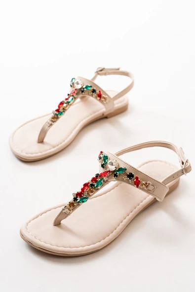 152-1110 Bej Multi Taşlı Parmak Arası Kadın Sandalet ürün görseli