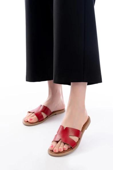 169-6100 Kırmızı Ortopedik Hakiki Deri Kadın Terlik - Resim 2