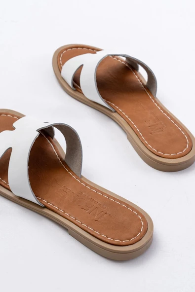 169-6100 Beyaz Ortopedik Hakiki Deri Kadın Terlik - Resim 5