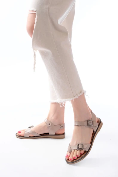 205-091 Bej Ortopedik Hakiki Deri Kadın Sandalet ürün görseli