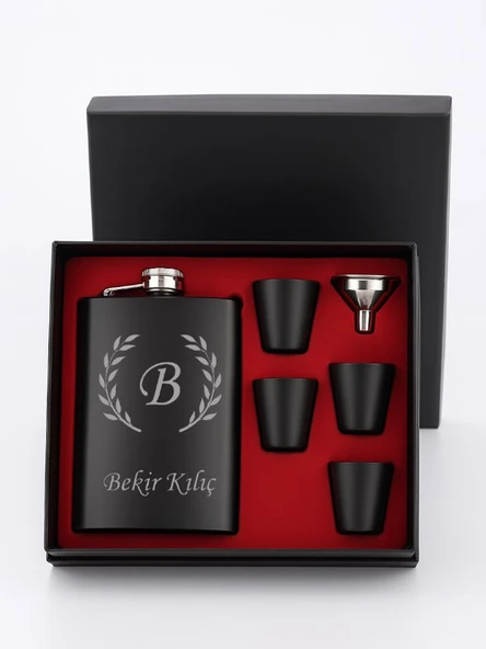 Kişiye Özel Siyah Çelik Matara Hediye Seti Özel Kutusunda İçecek Matarası 4 Shot Bardaklı ürün görseli 1