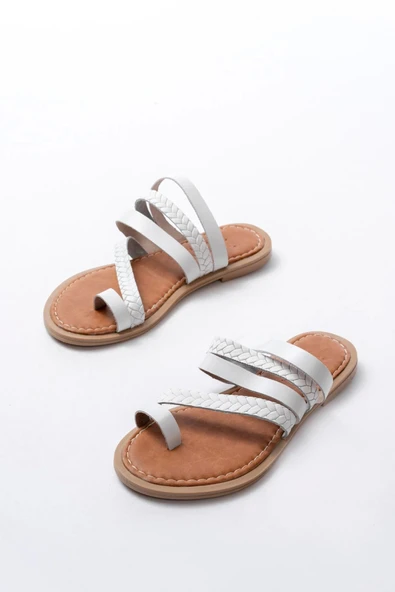 169-160 Beyaz  Örgülü Ortopedik Taban Parmak Arası Hakiki Deri Kadın Terlik - Resim 5