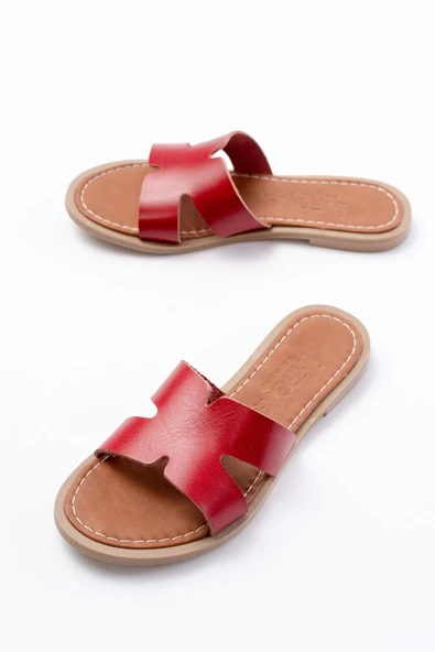 169-6100 Kırmızı Ortopedik Hakiki Deri Kadın Terlik - Resim 3