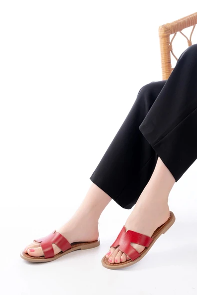 169-6100 Kırmızı Ortopedik Hakiki Deri Kadın Terlik ürün görseli 1