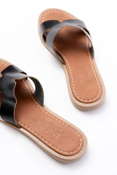 169-6100 Siyah Ortopedik Hakiki Deri Kadın Terlik - Resim 5