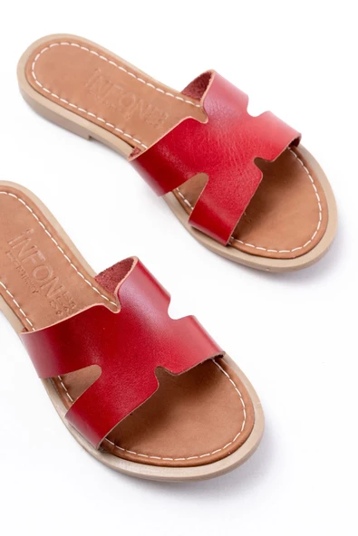 169-6100 Kırmızı Ortopedik Hakiki Deri Kadın Terlik - Resim 4