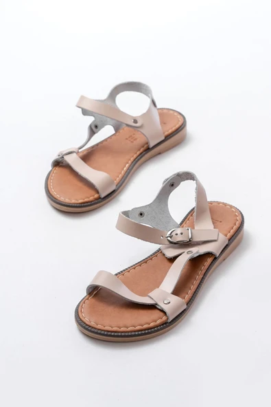 205-090 Bej Hakiki Deri Tokalı Kadın Sandalet - Resim 5