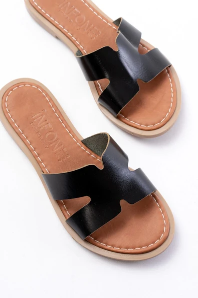 169-6100 Siyah Ortopedik Hakiki Deri Kadın Terlik - Resim 4