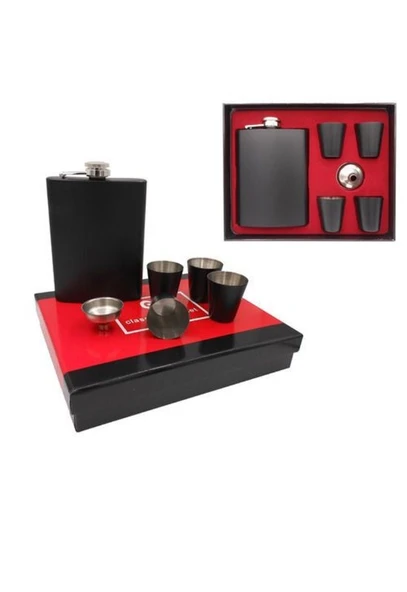 Kişiye Özel Siyah Çelik Matara Hediye Seti Özel Kutusunda İçecek Matarası 4 Shot Bardaklı - Resim 2