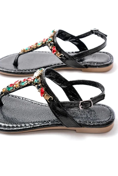 152-1110 Siyah Multi Cam Kırığı Taşlı Parmak Arası Kadın Sandalet - Resim 5