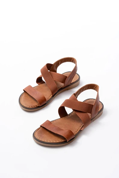 205-04 Taba Tek Bantlı Lastikli Hakiki Deri Ortopedik Taban Kadın Sandalet - Resim 4