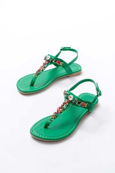 152-1110 Çimen Yeşili Multi Taşlı Parmak Arası Kadın Sandalet - Resim 5