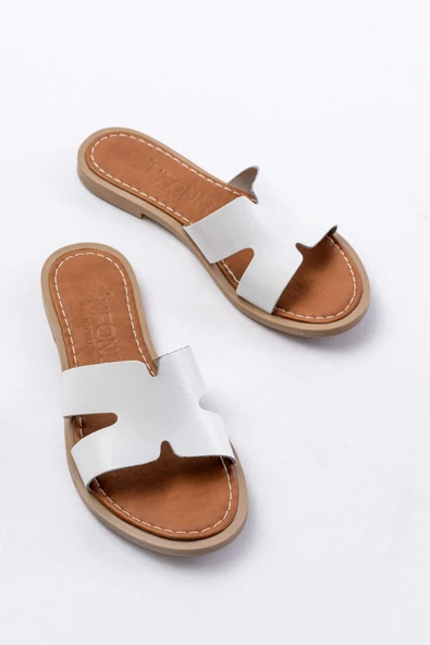 169-6100 Beyaz Ortopedik Hakiki Deri Kadın Terlik - Resim 2