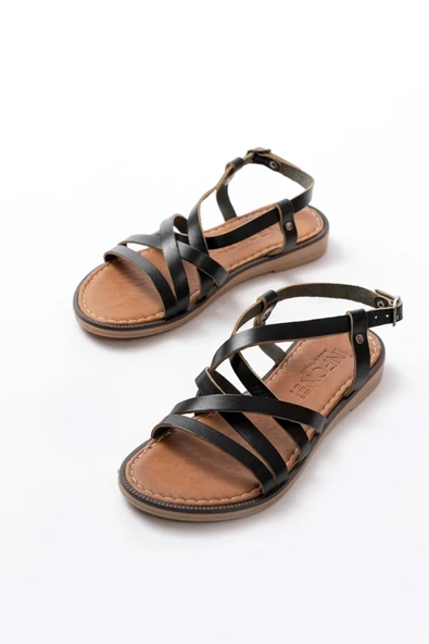 205-017 Siyah Ortopedik Hakiki Deri Kadın Sandalet - Resim 5