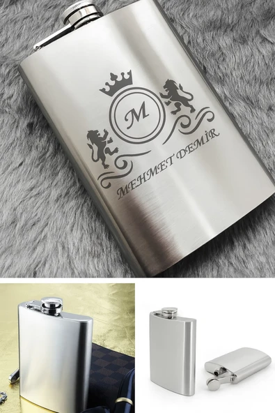 Kişiye İsme Özel Aslanlar Motifli 9 Oz Paslanmaz Çelik Cep Matarası 266 Ml İçecek Cep Matarası