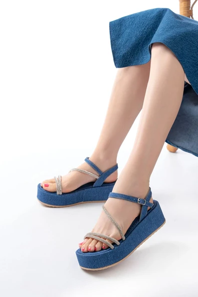 861-1017 Mavi Kot Taşlı Dolgu Topuklu Kadın Sandalet ürün görseli 1