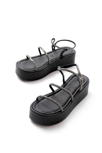 861-1008 Siyah Platin Taşlı Dolgu Topuklu Kadın Sandalet - Resim 3