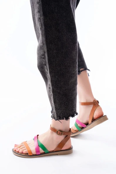 205-209 Multi Hakiki Deri Tokalı Parmak Arası Kadın Sandalet - Resim 4