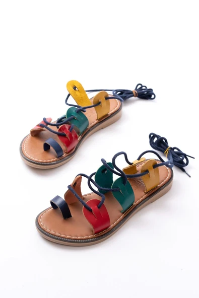 205-01 Multi Bilekten Bağlamalı Ortopedik Hakiki Deri Kadın Sandalet - Resim 5