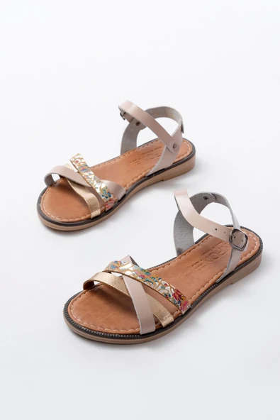 205-015 Bej Garni Ortopedik Hakiki Deri Kadın Sandalet - Resim 5