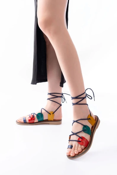 205-01 Multi Bilekten Bağlamalı Ortopedik Hakiki Deri Kadın Sandalet - Resim 3