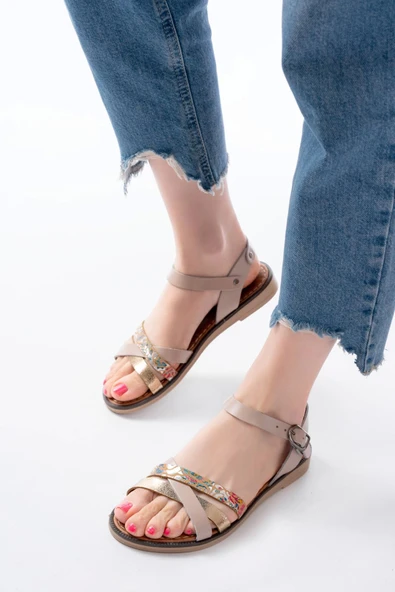 205-015 Bej Garni Ortopedik Hakiki Deri Kadın Sandalet - Resim 2