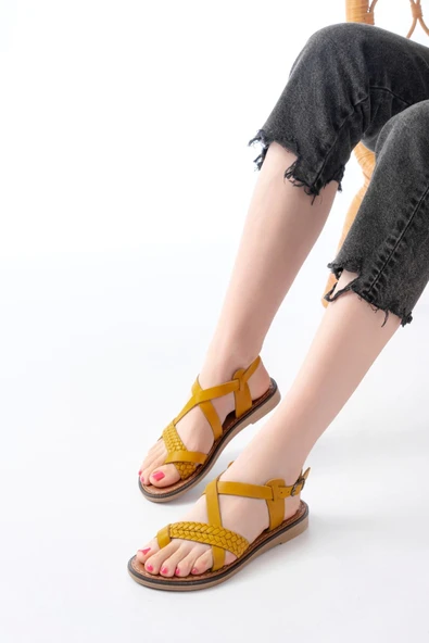 205-09 Hardal Ortopedik Hakiki Deri Kadın Sandalet ürün görseli