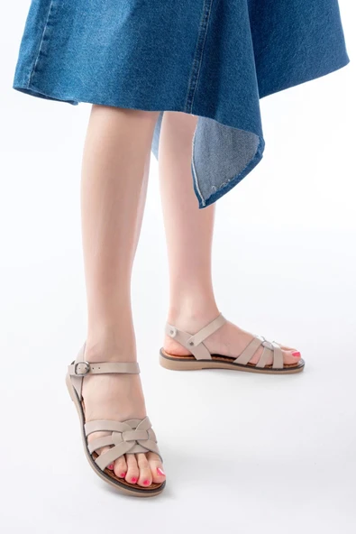 205-030 Bej Hakiki Deri Ortopedik Taban Kadın Sandalet - Resim 3