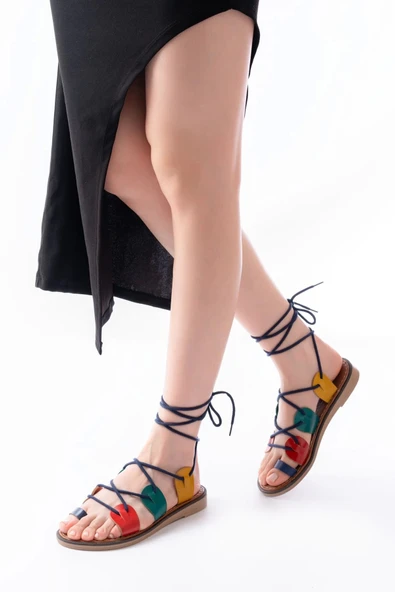 205-01 Multi Bilekten Bağlamalı Ortopedik Hakiki Deri Kadın Sandalet - Resim 2