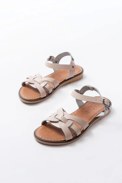 205-030 Bej Hakiki Deri Ortopedik Taban Kadın Sandalet - Resim 5