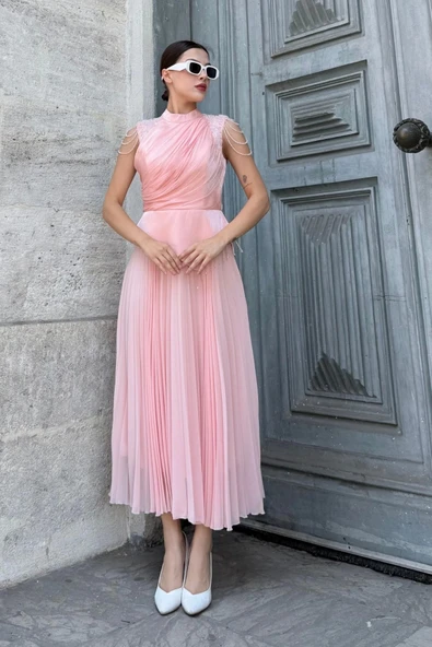 Omuz İşlemeli Pliseli Abiye Elbise 2385-Pudra - Resim 4