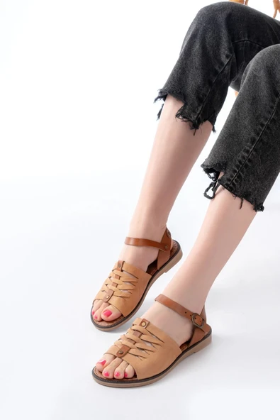 205-029 Bej Ortopedik Hakiki Deri Kadın Sandalet - Resim 3