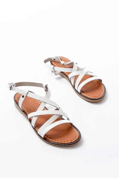 205-017 Beyaz Ortopedik Hakiki Deri Kadın Sandalet - Resim 5