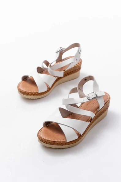 731-045 Beyaz Çapraz Hakiki Deri Dolgu Topuklu Günlük Kadın Sandalet - Resim 3