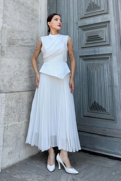 Omuz İşlemeli Pliseli Abiye Elbise 2385-Beyaz - Resim 4