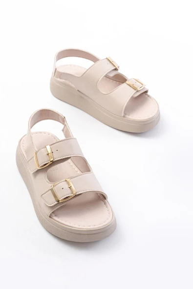 24413-572 Bej Günlük Dolgu Topuk Toka Aksesuarlı Kadın Sandalet - Resim 5