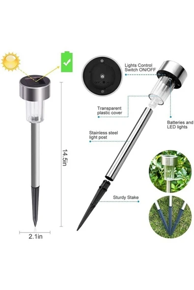 6 Adet Metal Gövdeli Beyaz Ledli Solar Güneş Enerjili Bahçe Lambası 30 cm Saplama - 8