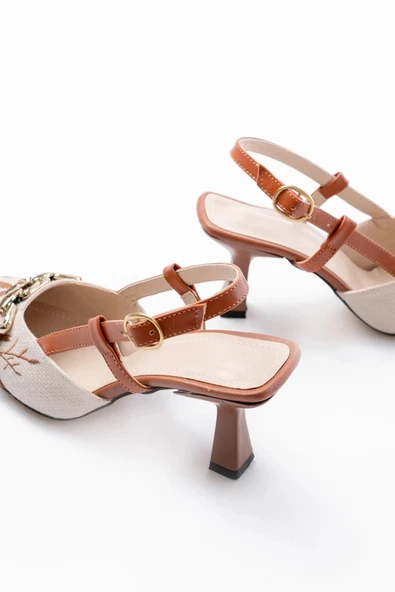 K-250 Taba Keten Günlük Arkası Açık Tokalı Topuklu Kadın Ayakkabı - Resim 5