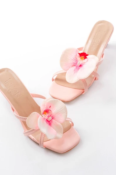 S-622 Pembe Orkide Detaylı İnce Topuklu Kadın Terlik - Resim 4