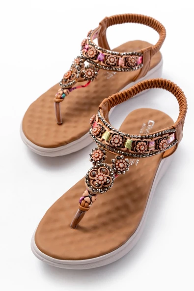 Dm-609 Taba Taşlı Arka Lastikli Parmak Arası Kadın Sandalet - 4