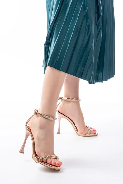 A-30 Rose Taş Aksesuarlı Platformlu Topuklu Kadın Terlik - Resim 3