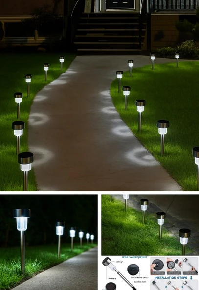 6 Adet Metal Gövdeli Beyaz Ledli Solar Güneş Enerjili Bahçe Lambası 30 cm Saplama