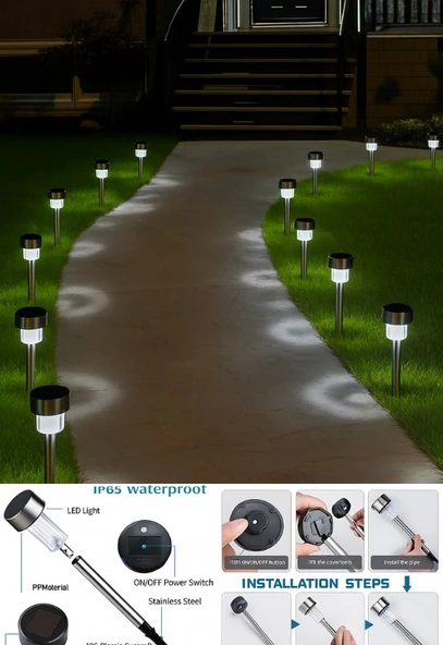 6 Adet Metal Gövdeli Beyaz Ledli Solar Güneş Enerjili Bahçe Lambası 30 cm Saplama - 2