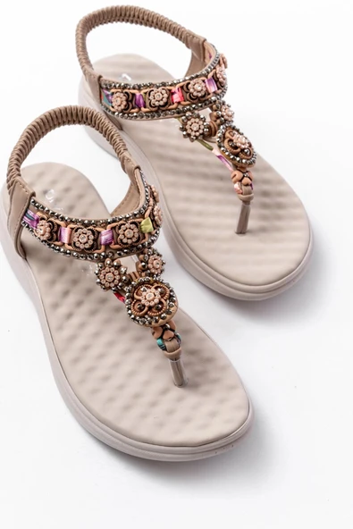 Dm-609 Bej Taşlı Arka Lastikli Parmak Arası Kadın Sandalet - Resim 4