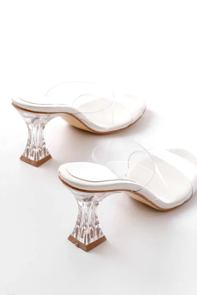 S-618 Beyaz Rugan Çift  Bantlı Topuklu Kadın Terlik - Resim 5