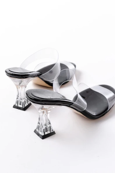 S-618 Siyah Rugan Çift  Bantlı Topuklu Kadın Terlik - Resim 4