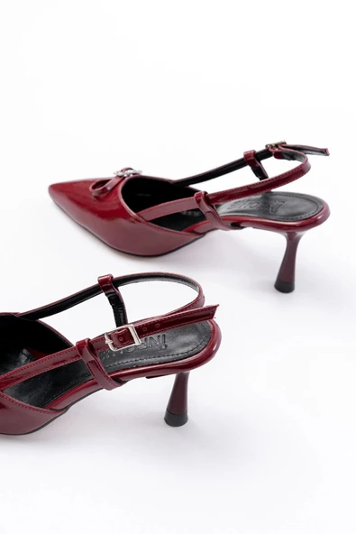 İnf-2300 Bordo Rugan Günlük Arkası Açık Fiyonklu Topuklu Bayan Ayakkabı - Resim 4